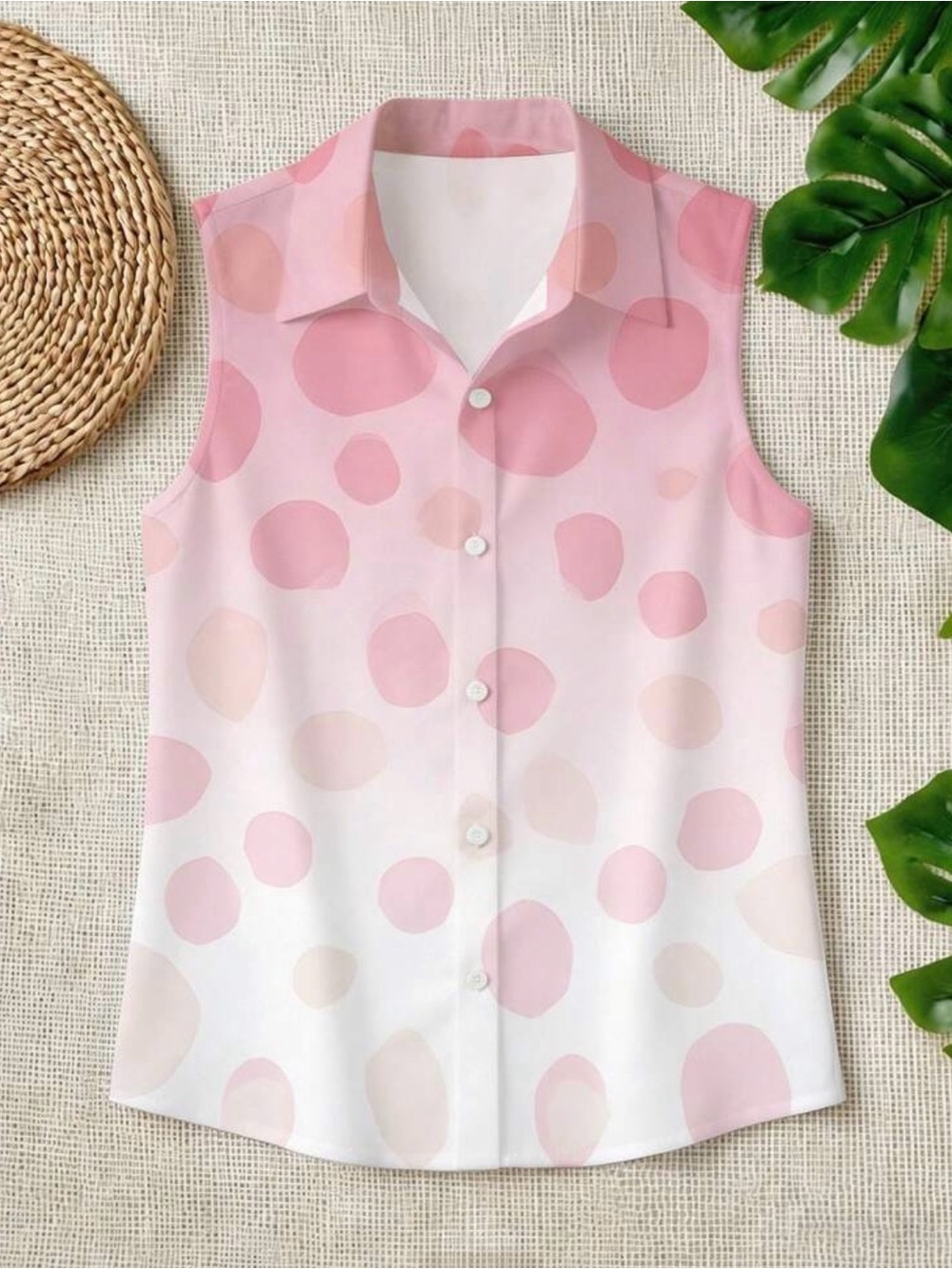 NWOT Sleeveless Pink Polka Dot Button-Down Blouse - Picture 3 of 6